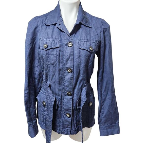 Eddie Bauer belted jacket button front linen blend blue small - Picture 2 of 8